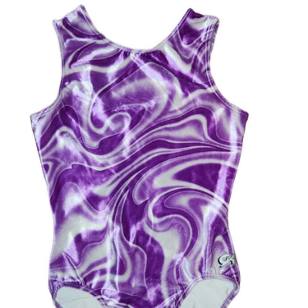 GK White and Purple Velvet Fluid Pattern Keyhole Leotard sz Medium